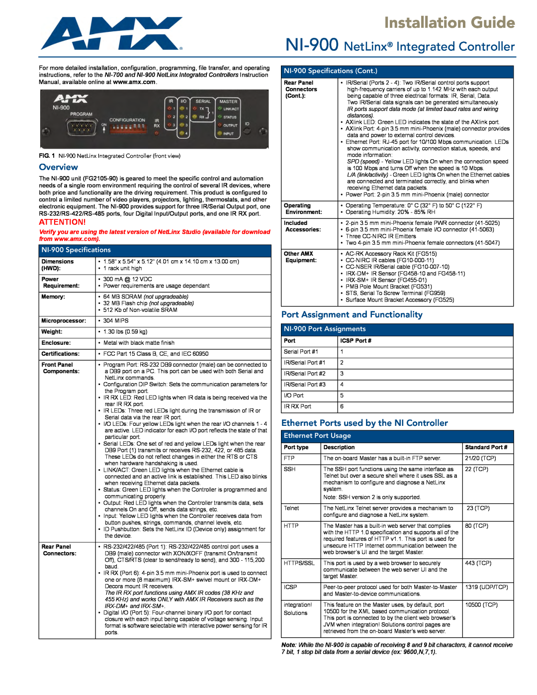 AMX NI-900 specifications Overview, Port Assignment and Functionality, Ethernet Ports used by the NI Controller 