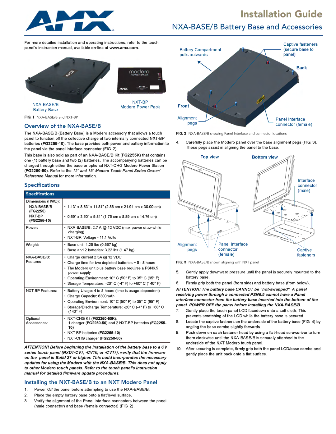 AMX specifications Overview of the NXA-BASE/B, Specifications, Installing the NXT-BASE/B to an NXT Modero Panel 