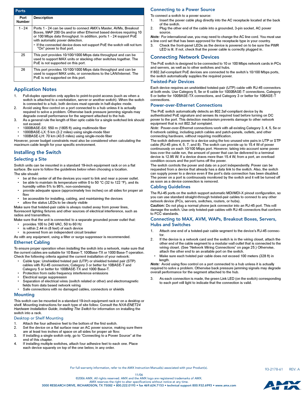 AMX NXA-ENET24 PoE manual Application Notes, Installing the Switch, Connecting Network Devices 