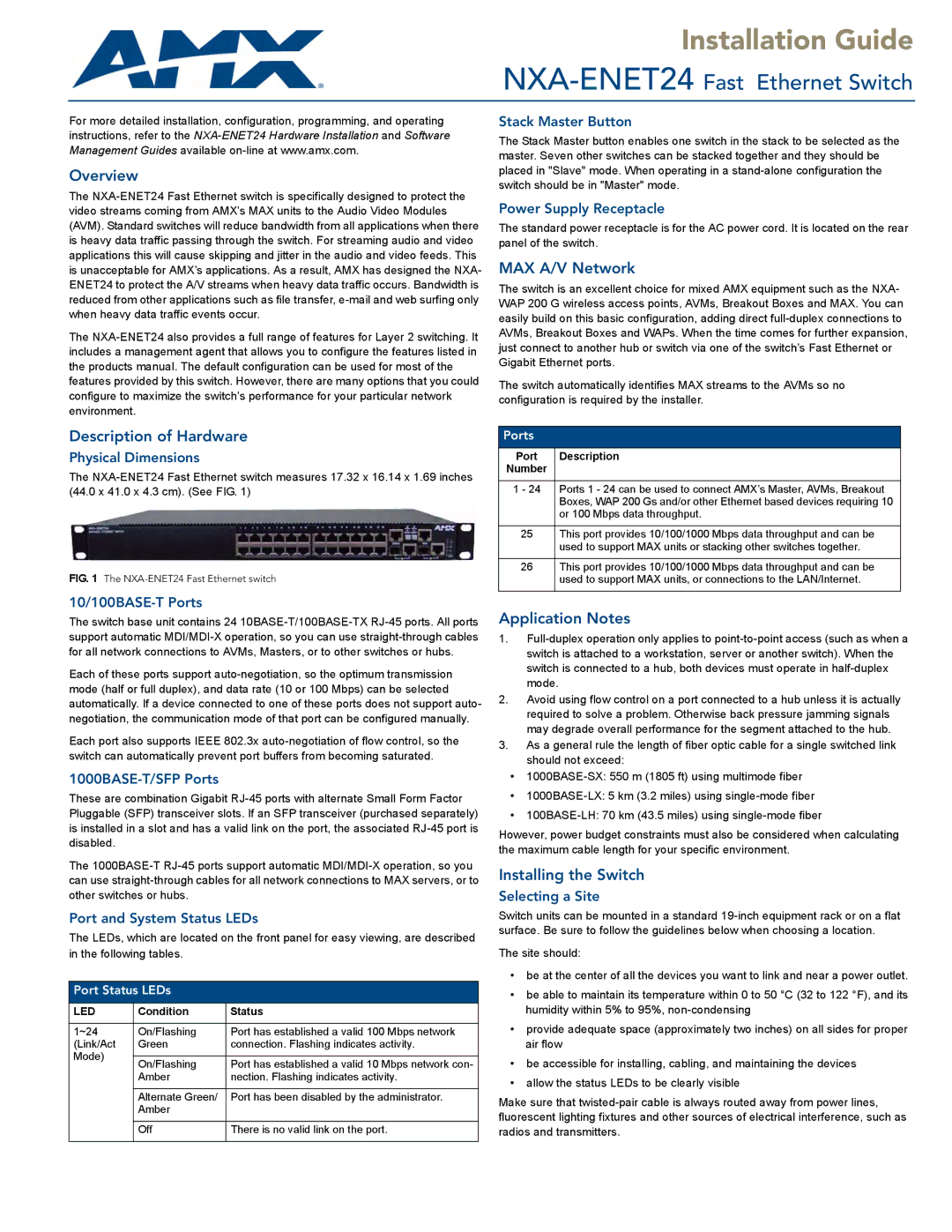 AMX NXA-ENET24 dimensions Overview, Description of Hardware, MAX A/V Network, Application Notes, Installing the Switch 