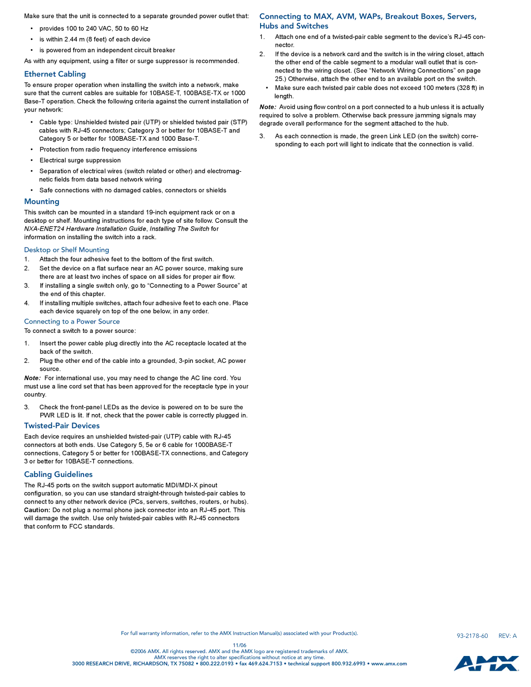 AMX NXA-ENET24 dimensions Ethernet Cabling, Mounting, Twisted-Pair Devices, Cabling Guidelines 