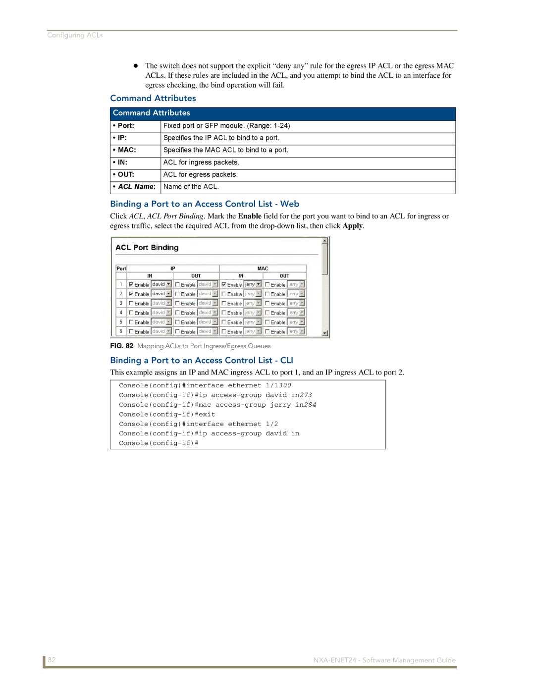 AMX NXA-ENET24 manual Binding a Port to an Access Control List CLI, Mapping ACLs to Port Ingress/Egress Queues 