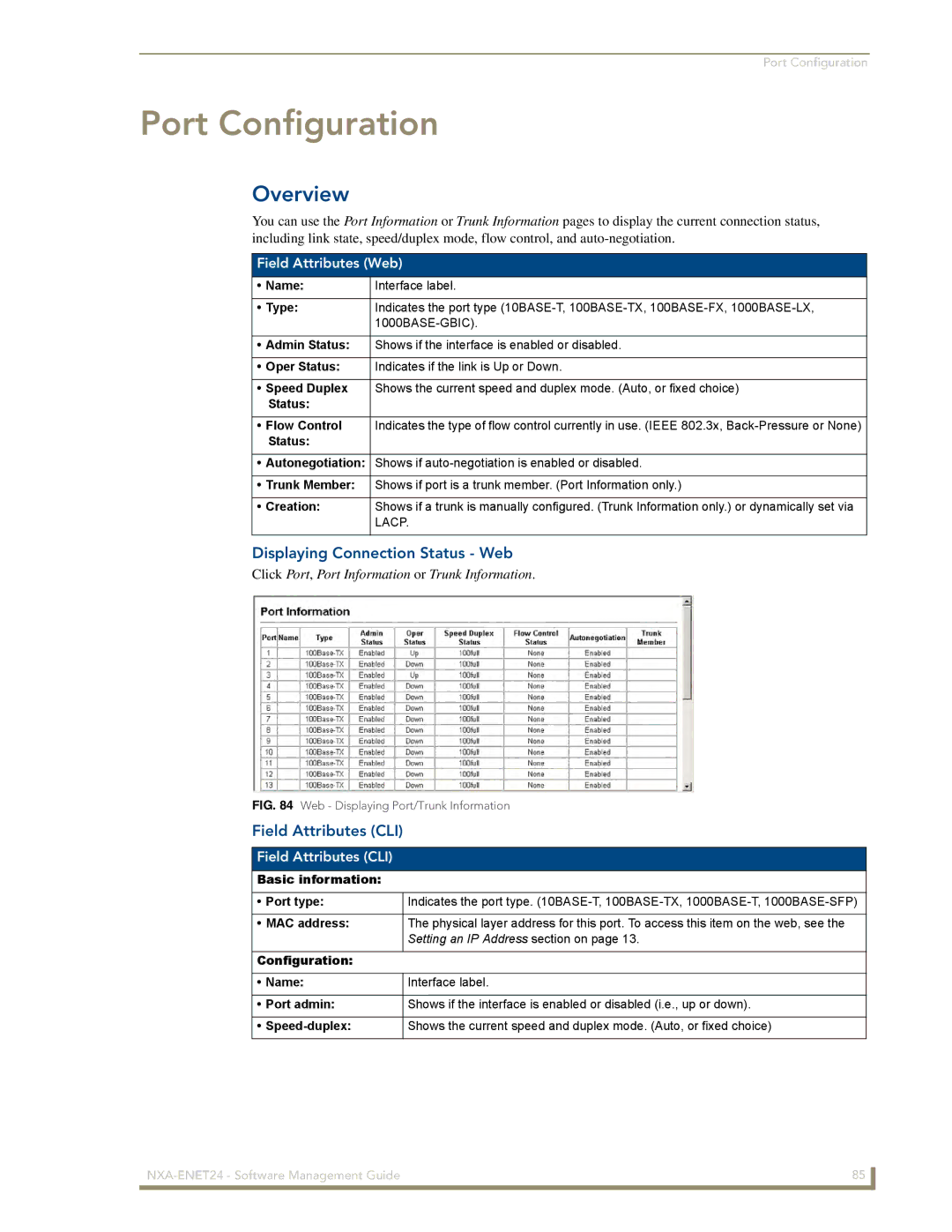 AMX NXA-ENET24 manual Port Configuration, Displaying Connection Status Web, Field Attributes CLI, Field Attributes Web 