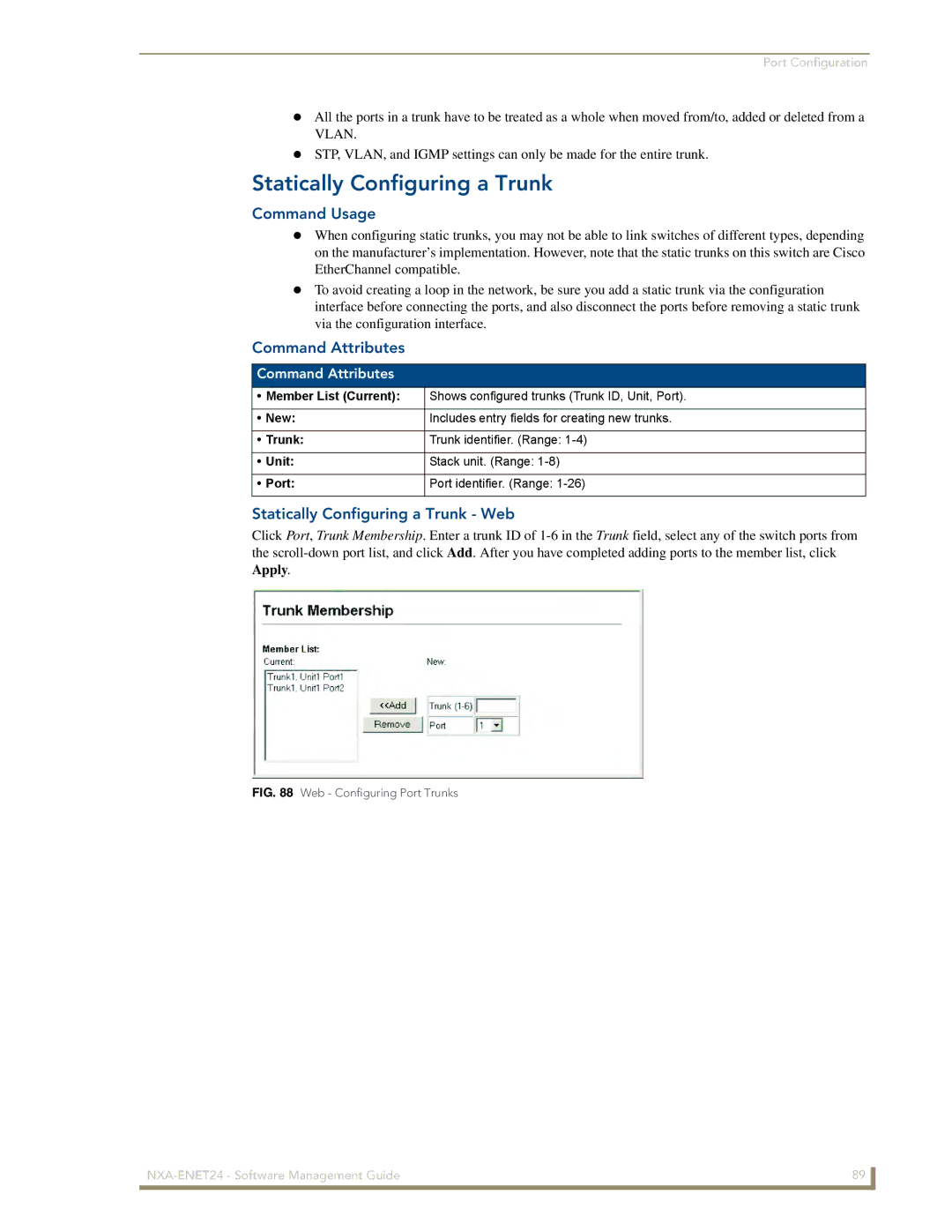 AMX NXA-ENET24 manual Statically Configuring a Trunk Web, New, Unit 