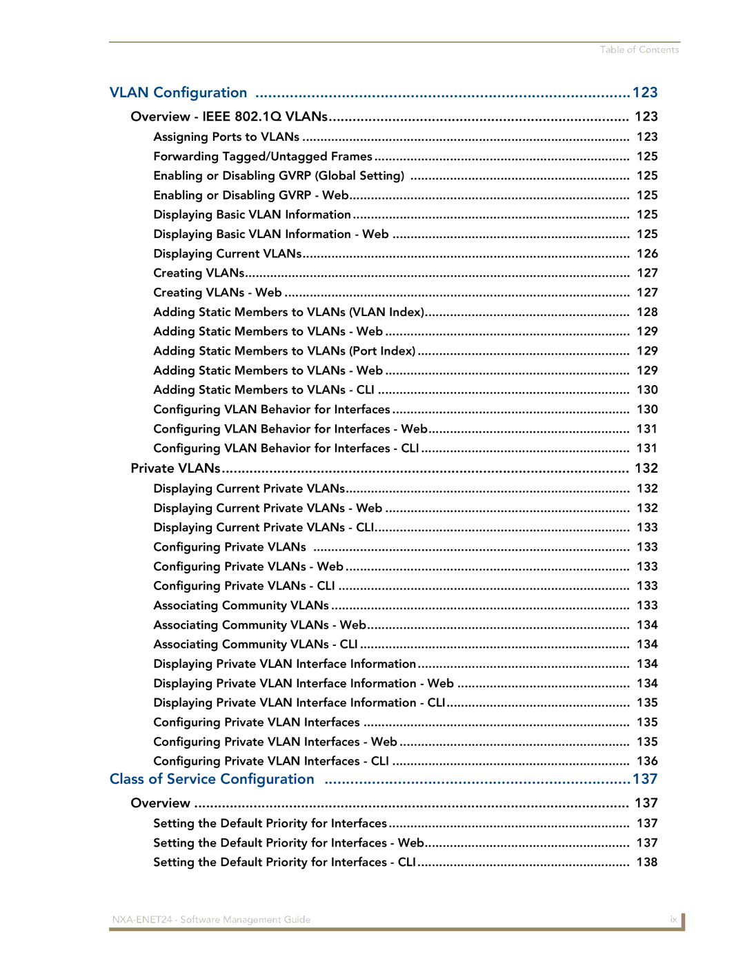 AMX NXA-ENET24 manual Overview Ieee 802.1Q VLANs 123, Private VLANs 132, Overview 137 