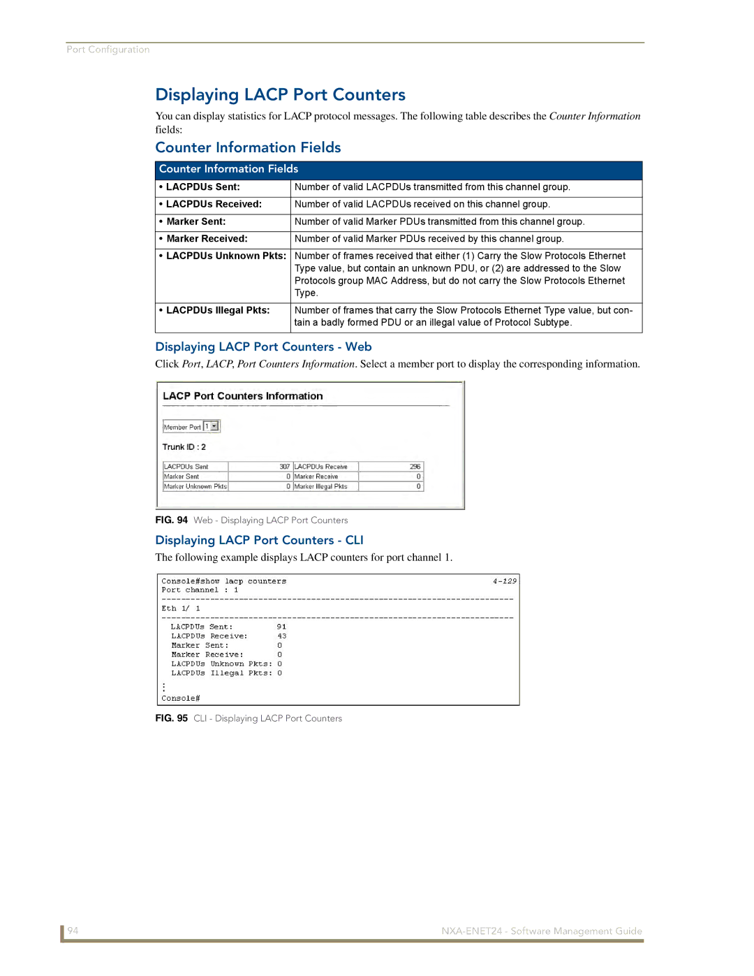 AMX NXA-ENET24 manual Displaying Lacp Port Counters Web, Displaying Lacp Port Counters CLI, Counter Information Fields 