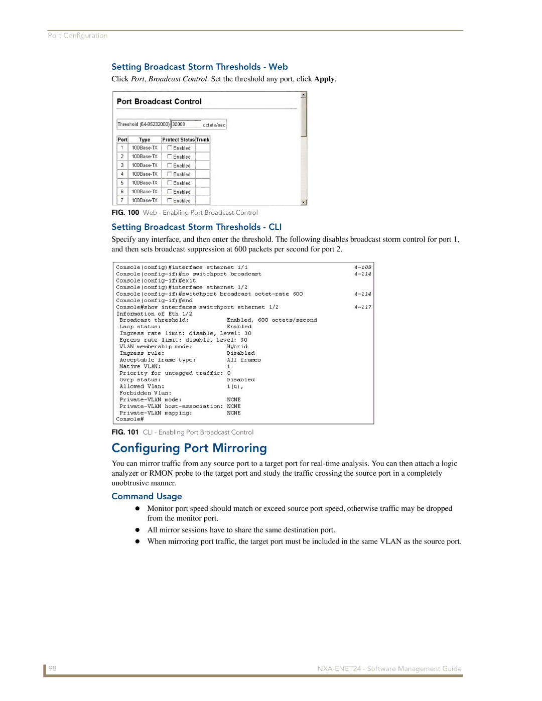 AMX NXA-ENET24 Configuring Port Mirroring, Setting Broadcast Storm Thresholds Web, Setting Broadcast Storm Thresholds CLI 