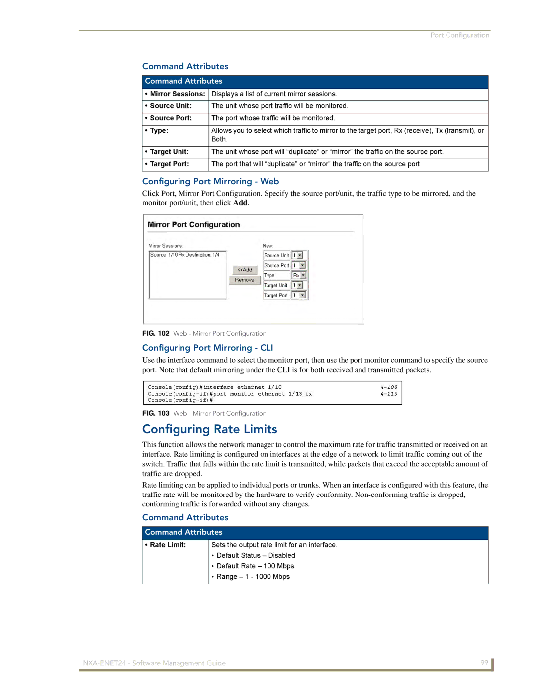 AMX NXA-ENET24 manual Configuring Rate Limits, Configuring Port Mirroring Web, Configuring Port Mirroring CLI 