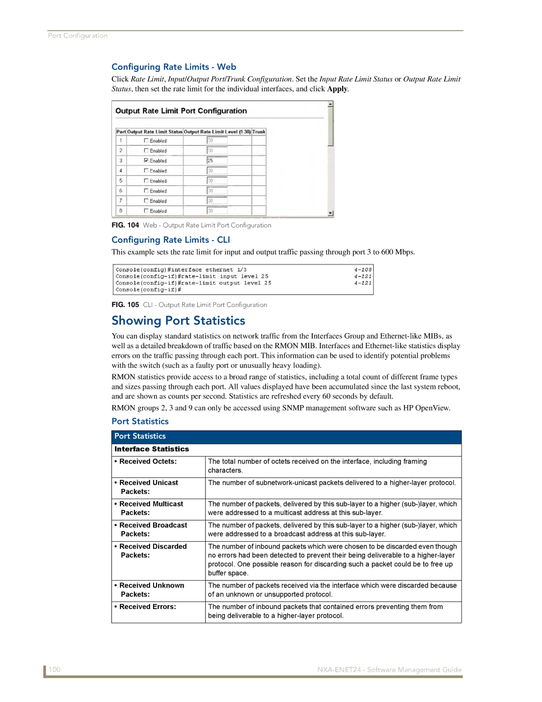 AMX NXA-ENET24 manual Showing Port Statistics, Configuring Rate Limits Web, Configuring Rate Limits CLI 