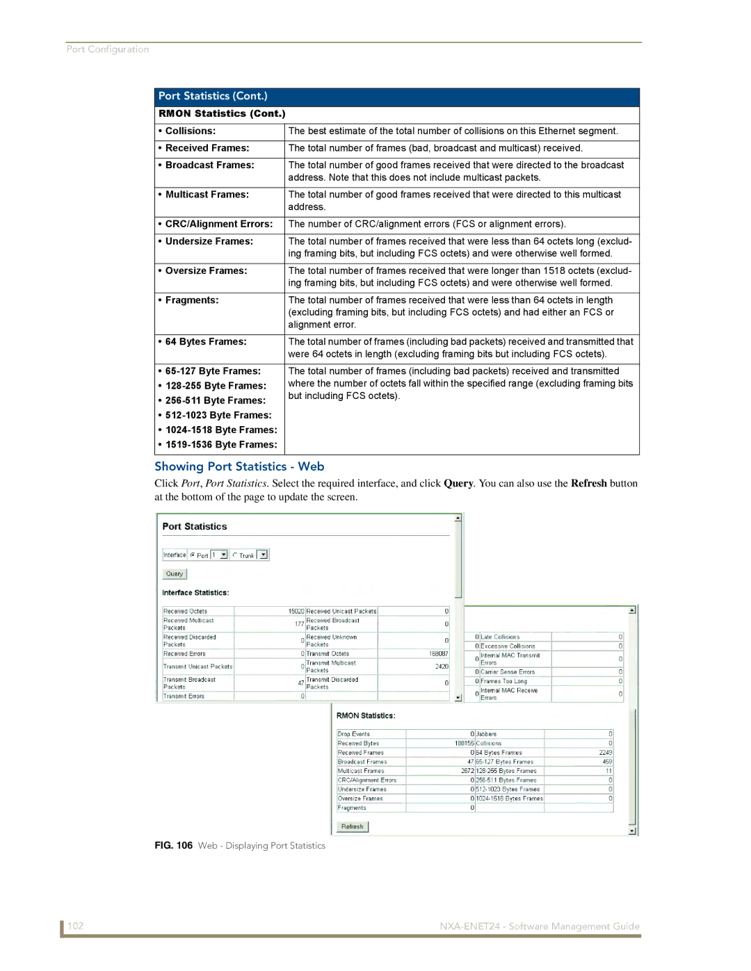 AMX NXA-ENET24 manual Showing Port Statistics Web, Oversize Frames, Byte Frames But including FCS octets 