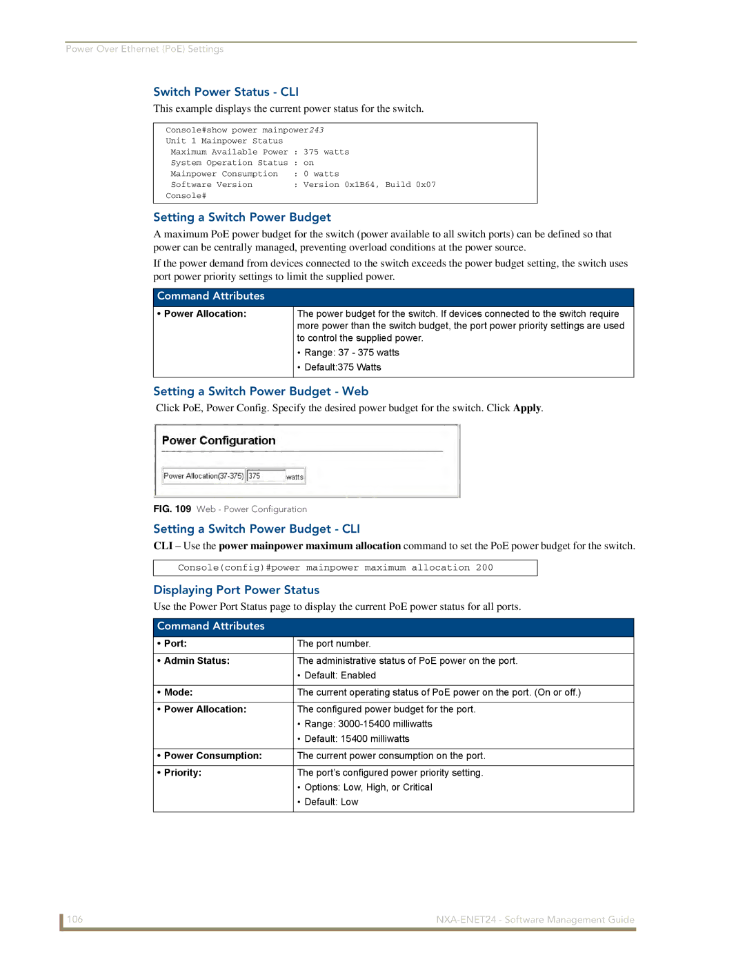 AMX NXA-ENET24 manual Switch Power Status CLI, Setting a Switch Power Budget Web, Setting a Switch Power Budget CLI 