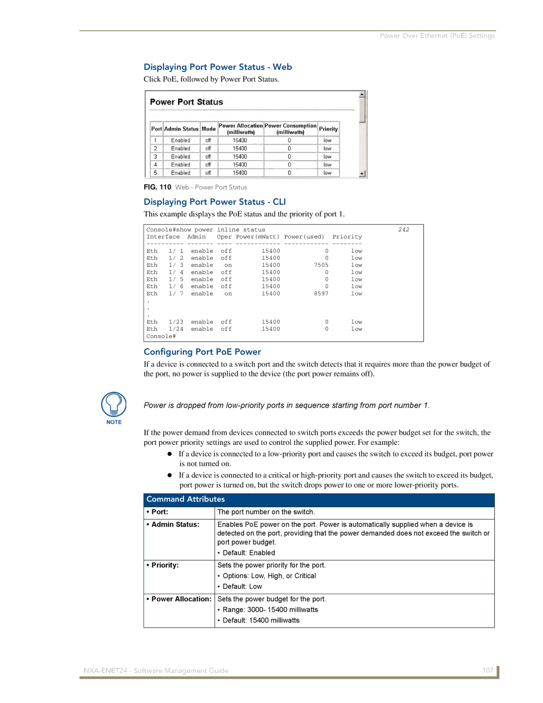 AMX NXA-ENET24 manual Displaying Port Power Status Web, Displaying Port Power Status CLI, Configuring Port PoE Power 