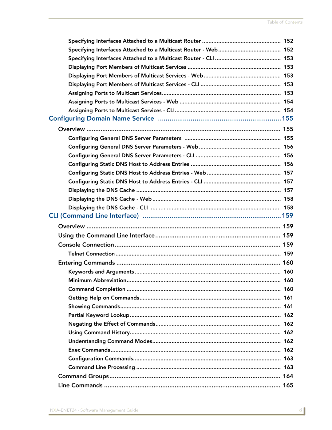 AMX NXA-ENET24 manual Overview 155, Entering Commands 160, Command Groups 164 Line Commands 165 