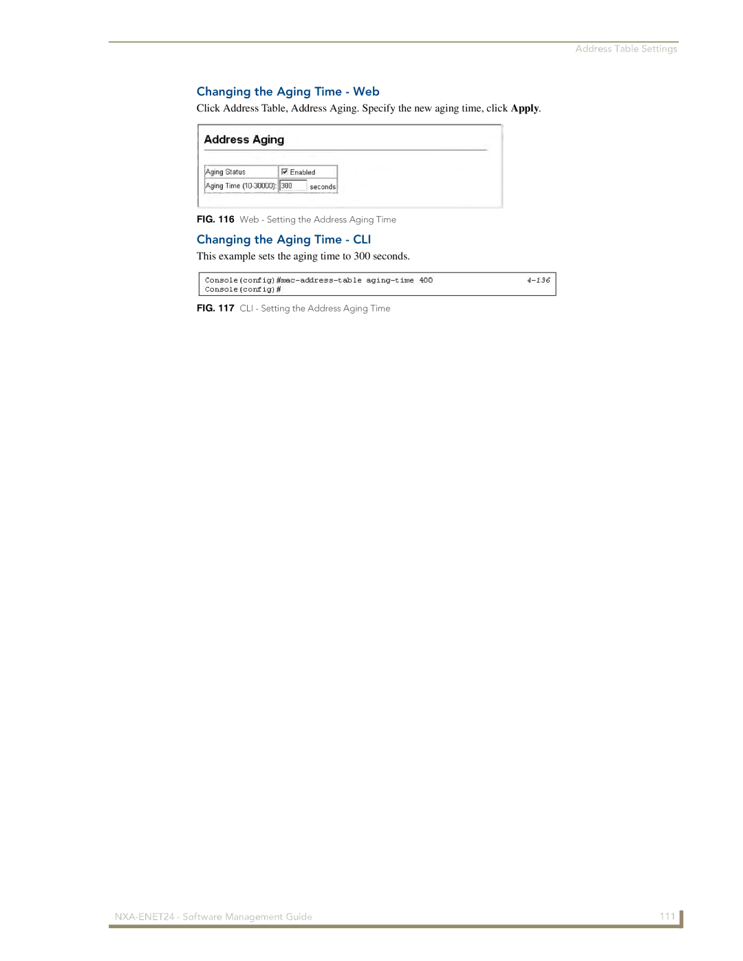 AMX NXA-ENET24 manual Changing the Aging Time Web, Changing the Aging Time CLI 