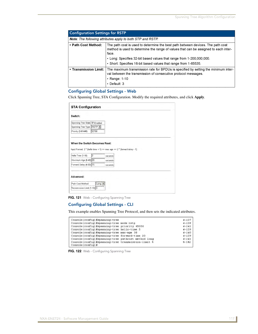 AMX NXA-ENET24 manual Configuring Global Settings Web, Configuring Global Settings CLI, Configuration Settings for Rstp 