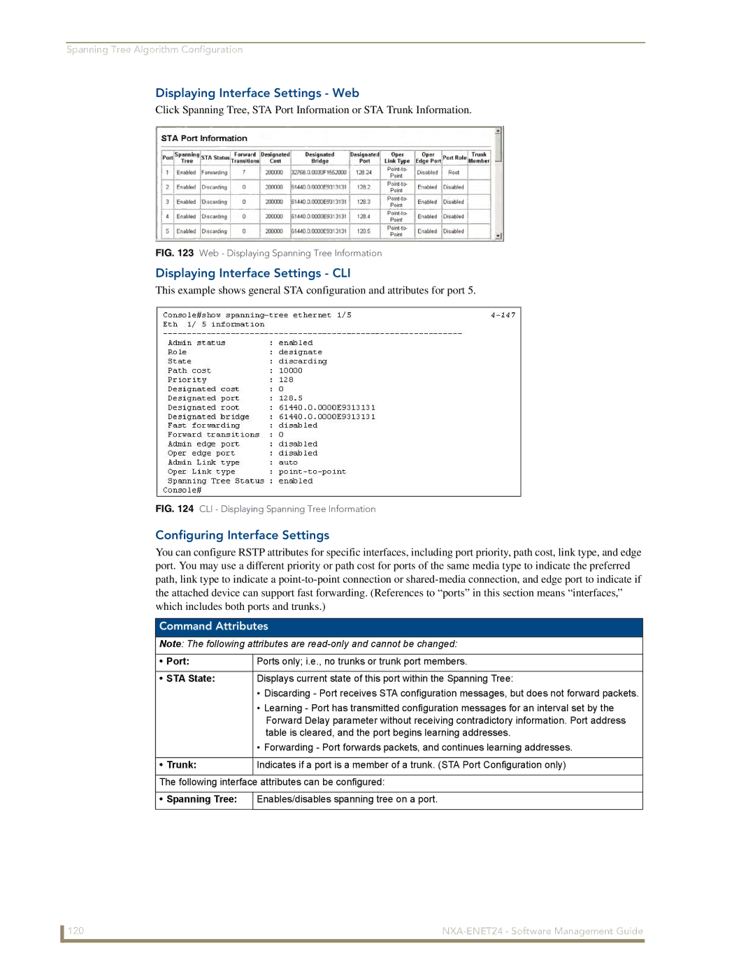 AMX NXA-ENET24 manual Displaying Interface Settings Web, Displaying Interface Settings CLI, Configuring Interface Settings 