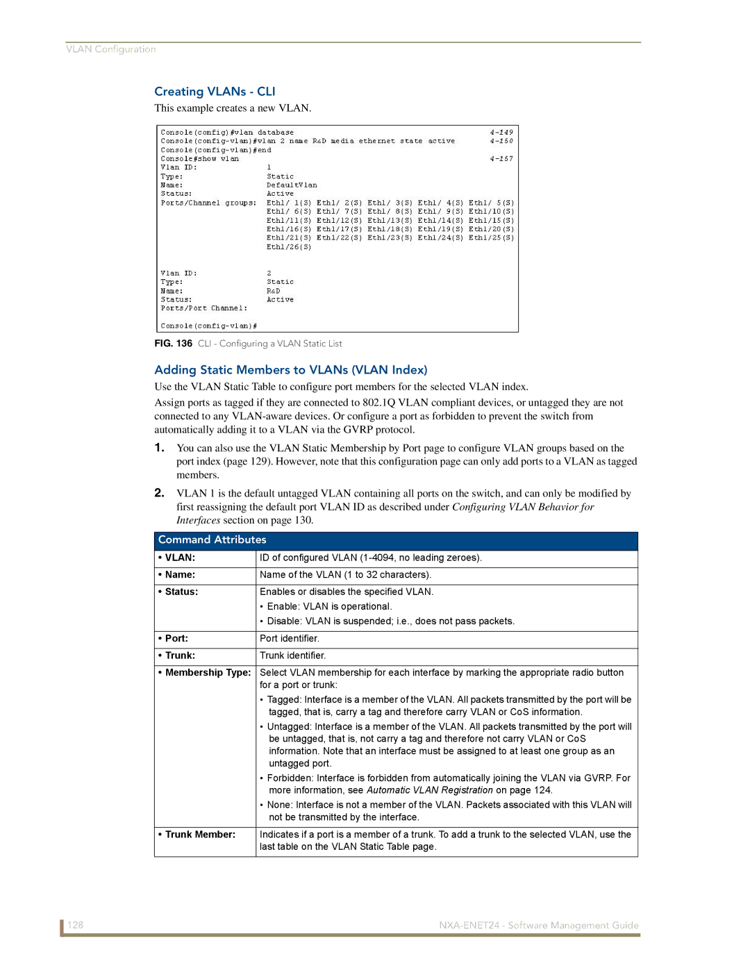 AMX NXA-ENET24 manual Creating VLANs CLI, Adding Static Members to VLANs Vlan Index 