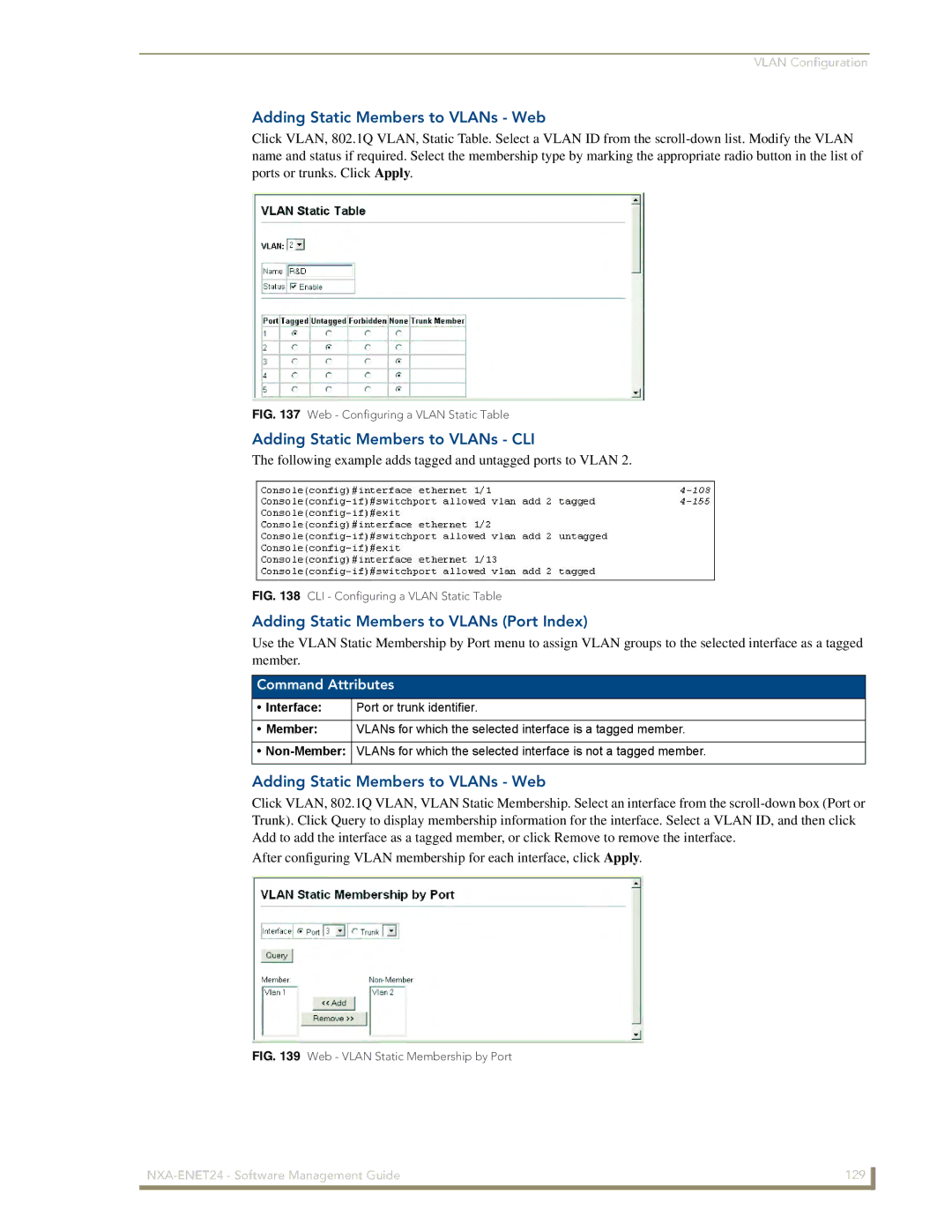 AMX NXA-ENET24 manual Adding Static Members to VLANs Web, Adding Static Members to VLANs CLI 