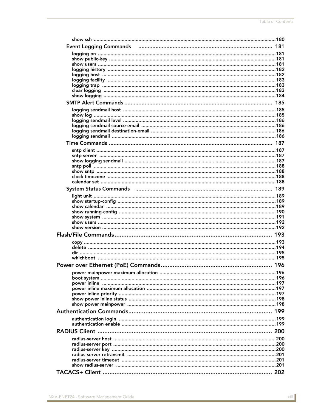 AMX NXA-ENET24 manual Flash/File Commands 193, 196, Authentication Commands 199, Radius Client 200, TACACS+ Client 202 