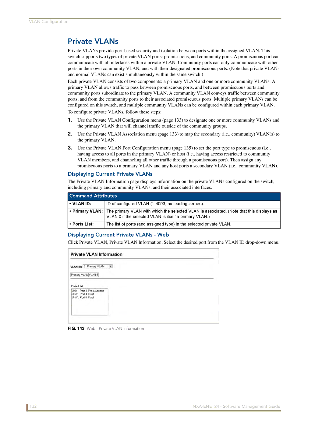 AMX NXA-ENET24 manual Displaying Current Private VLANs Web 