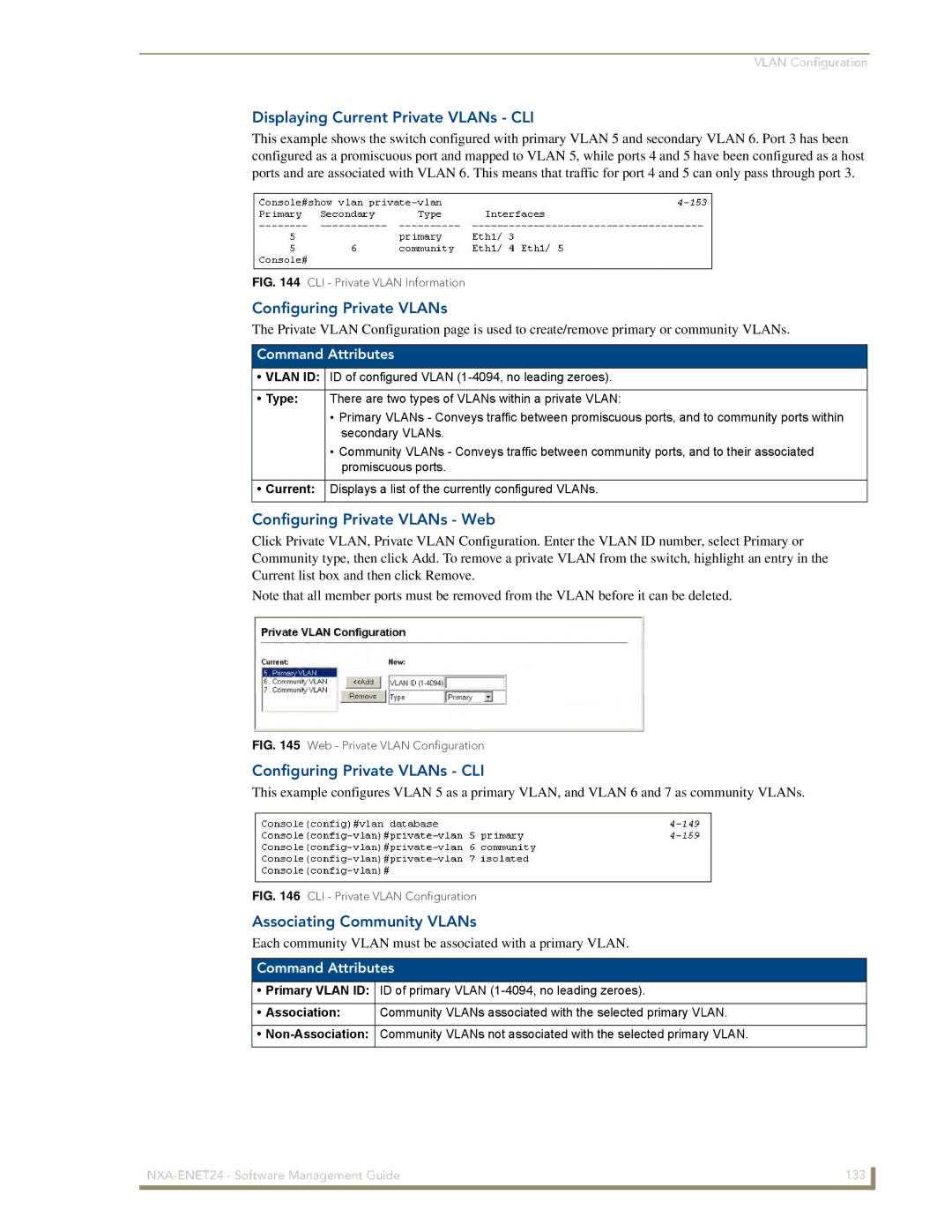 AMX NXA-ENET24 Displaying Current Private VLANs CLI, Configuring Private VLANs Web, Configuring Private VLANs CLI 