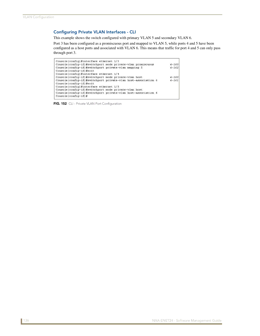 AMX NXA-ENET24 manual Configuring Private Vlan Interfaces CLI, CLI Private Vlan Port Configuration 