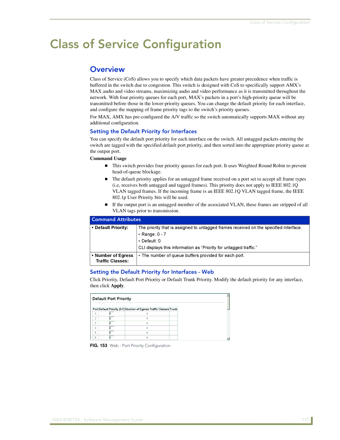 AMX NXA-ENET24 manual Class of Service Configuration, Setting the Default Priority for Interfaces 