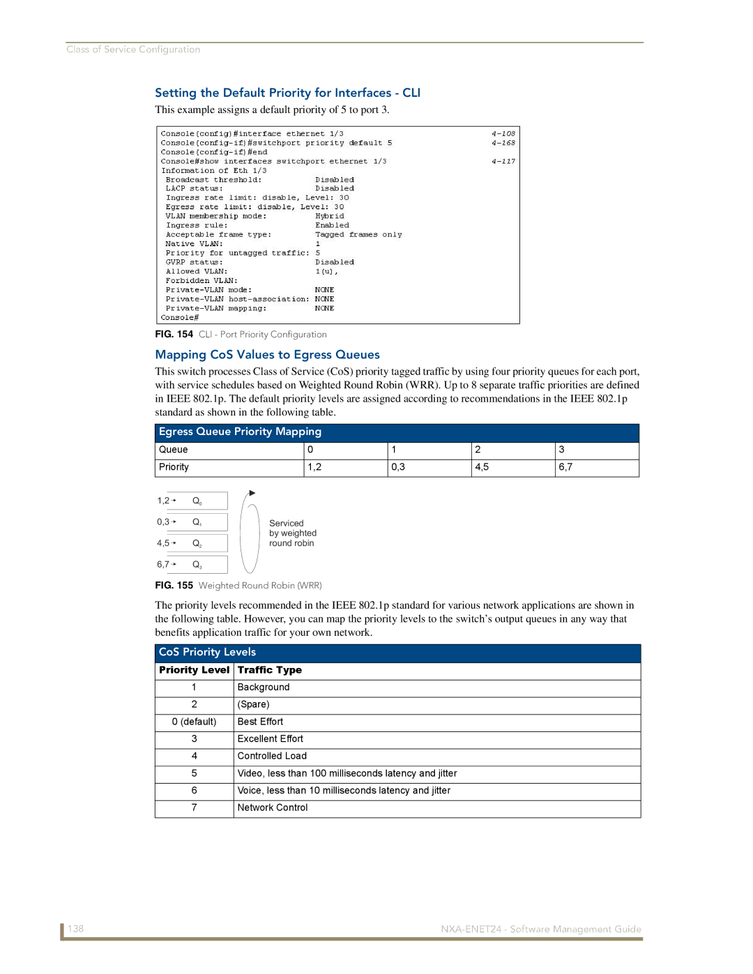 AMX NXA-ENET24 Setting the Default Priority for Interfaces CLI, Mapping CoS Values to Egress Queues, CoS Priority Levels 