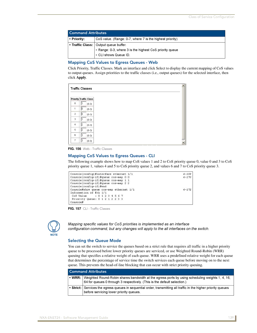 AMX NXA-ENET24 Mapping CoS Values to Egress Queues Web, Mapping CoS Values to Egress Queues CLI, Selecting the Queue Mode 