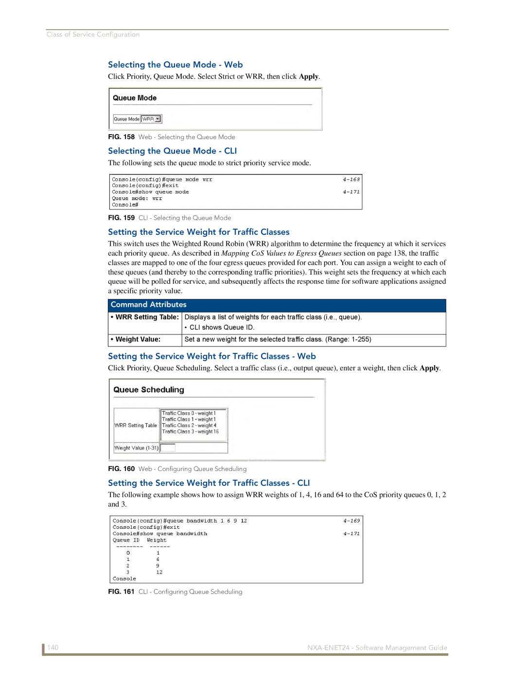 AMX NXA-ENET24 Selecting the Queue Mode Web, Selecting the Queue Mode CLI, Setting the Service Weight for Traffic Classes 