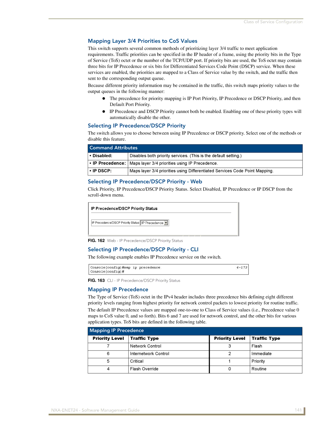 AMX NXA-ENET24 Mapping Layer 3/4 Priorities to CoS Values, Selecting IP Precedence/DSCP Priority, Mapping IP Precedence 