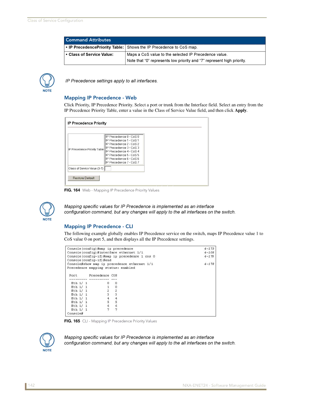 AMX NXA-ENET24 manual Mapping IP Precedence Web, Mapping IP Precedence CLI 