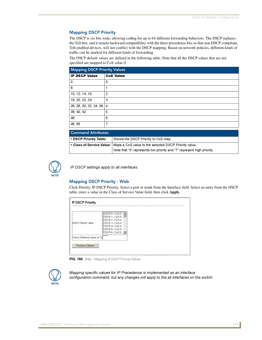 AMX NXA-ENET24 manual Mapping Dscp Priority Web, Mapping Dscp Priority Values, IP Dscp Value CoS Value 