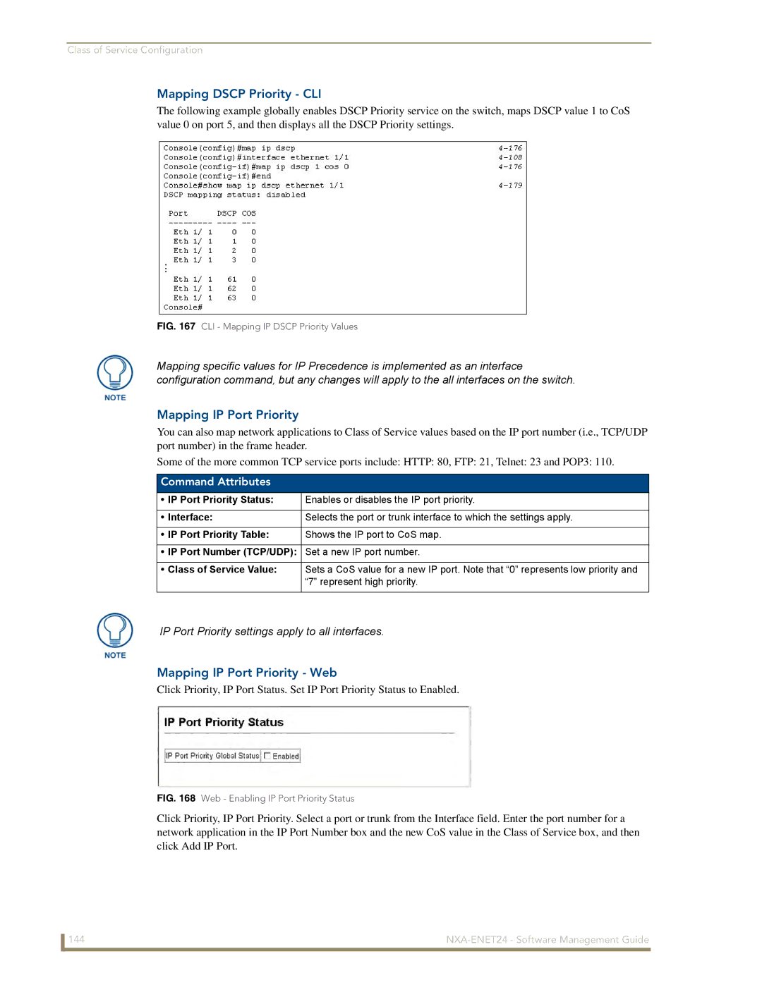 AMX NXA-ENET24 manual Mapping Dscp Priority CLI, Mapping IP Port Priority Web 