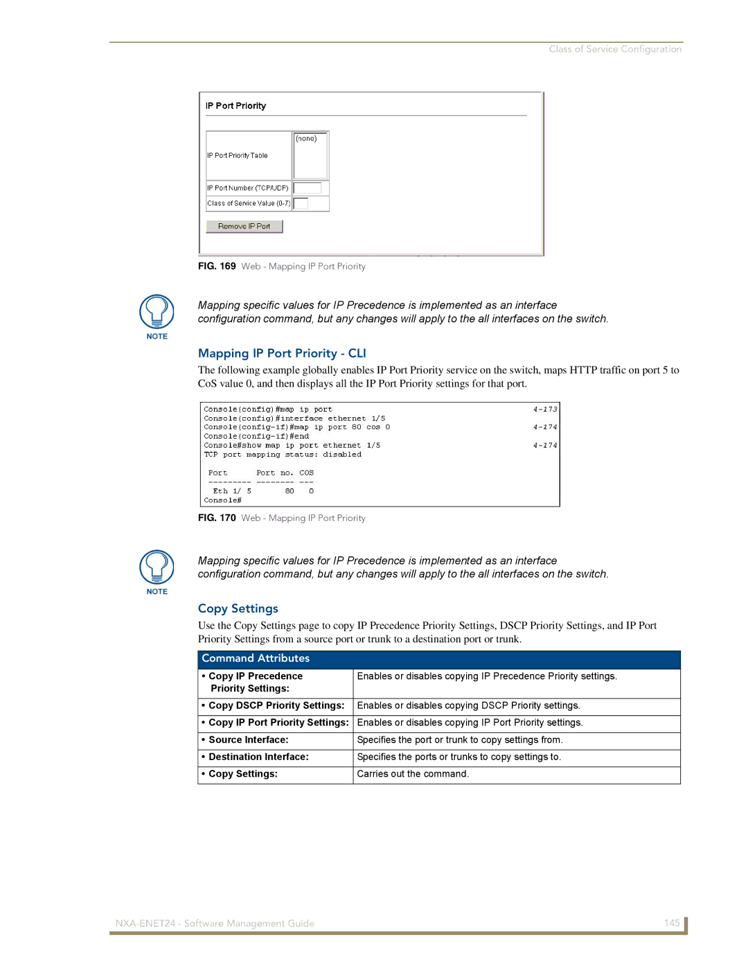 AMX NXA-ENET24 manual Mapping IP Port Priority CLI, Copy Settings, Copy IP Precedence, Priority Settings 