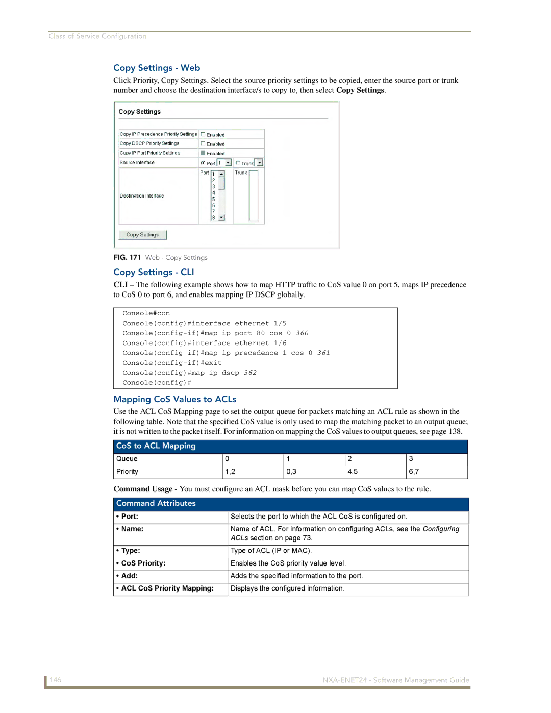 AMX NXA-ENET24 manual Copy Settings Web, Copy Settings CLI, Mapping CoS Values to ACLs, CoS to ACL Mapping 