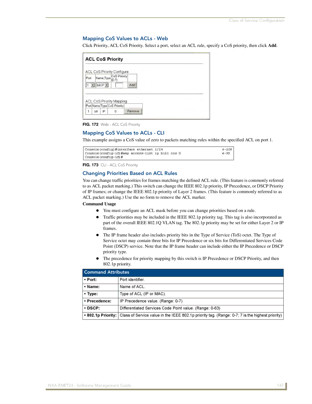 AMX NXA-ENET24 Mapping CoS Values to ACLs Web, Mapping CoS Values to ACLs CLI, Changing Priorities Based on ACL Rules 