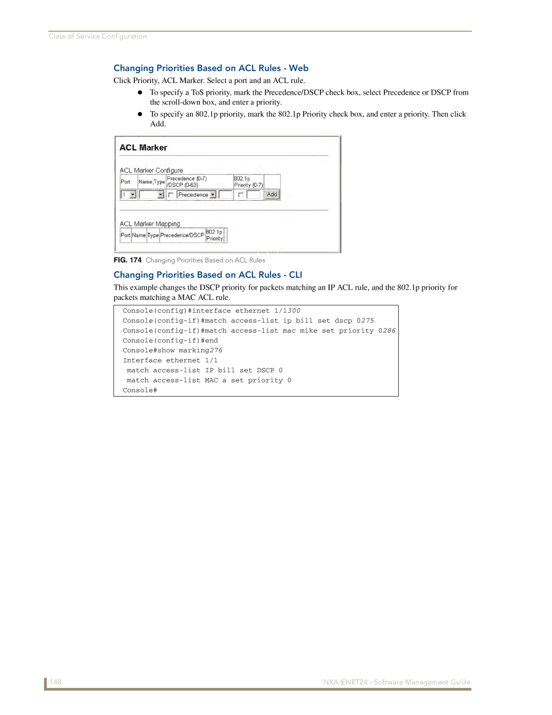 AMX NXA-ENET24 manual Changing Priorities Based on ACL Rules Web, Changing Priorities Based on ACL Rules CLI 