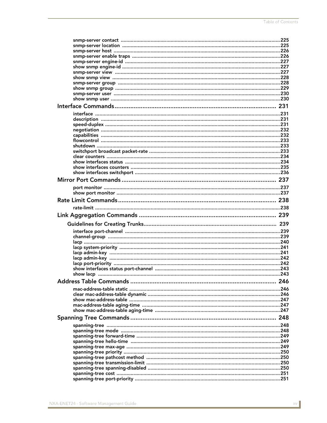 AMX NXA-ENET24 manual Interface Commands 231, Mirror Port Commands 237, 238, Link Aggregation Commands 239, 246, 248 