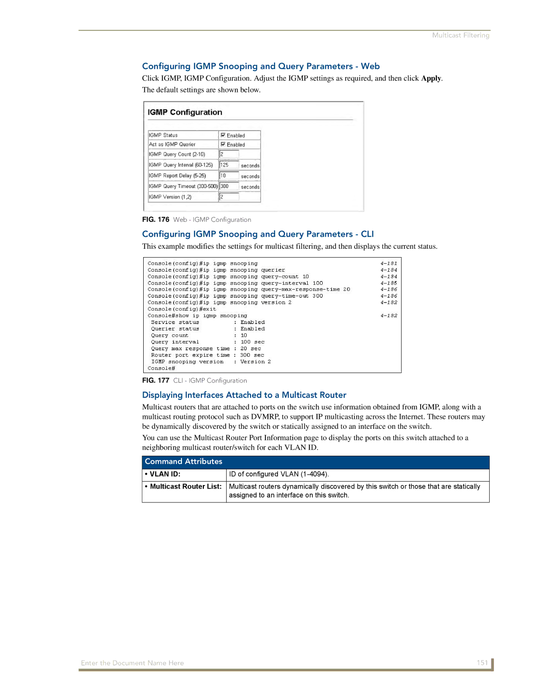 AMX NXA-ENET24 Configuring Igmp Snooping and Query Parameters Web, Configuring Igmp Snooping and Query Parameters CLI 