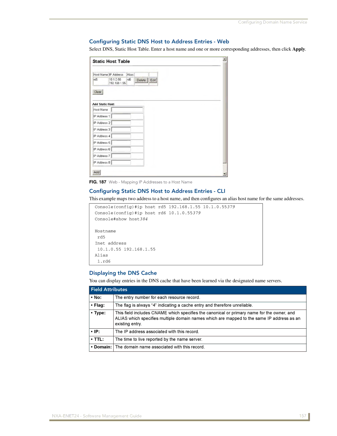 AMX NXA-ENET24 Configuring Static DNS Host to Address Entries Web, Configuring Static DNS Host to Address Entries CLI 