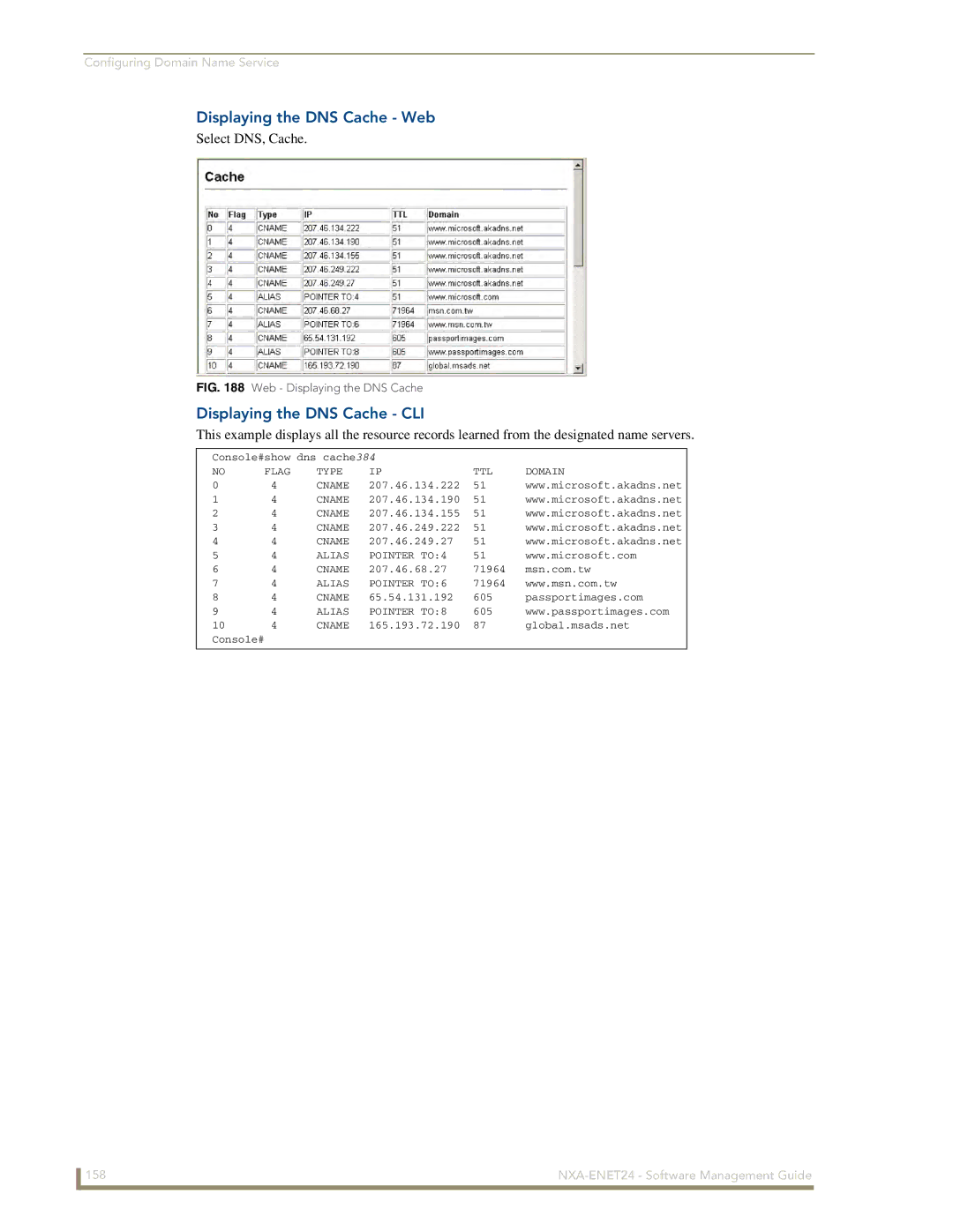 AMX NXA-ENET24 manual Displaying the DNS Cache Web, Displaying the DNS Cache CLI 