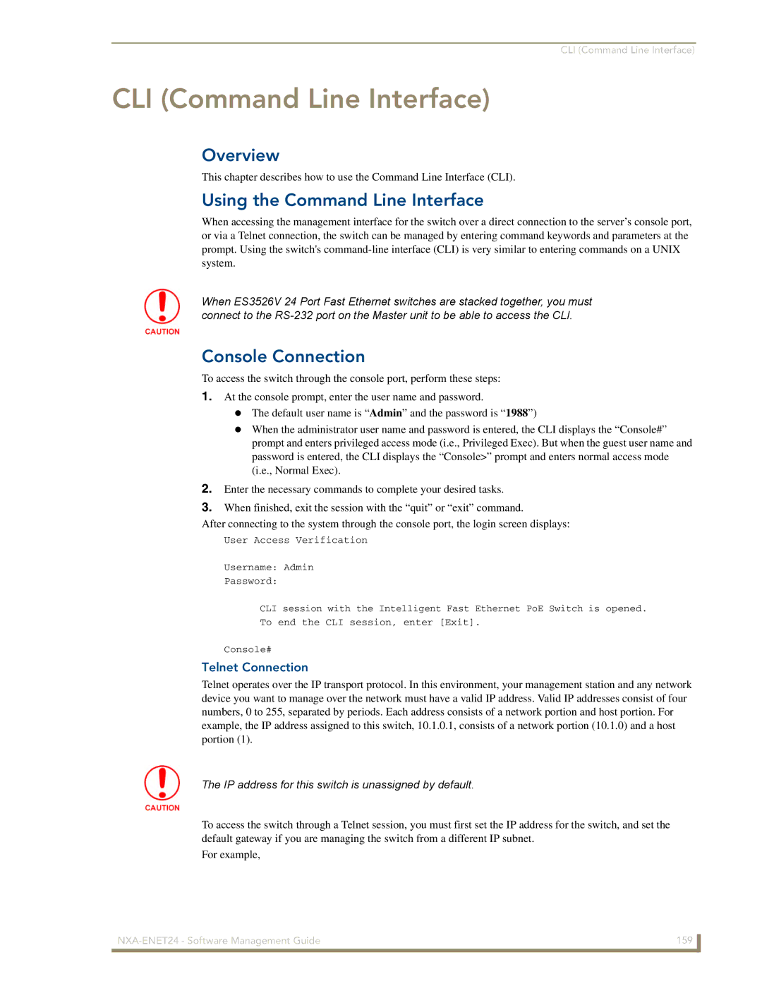 AMX NXA-ENET24 manual CLI Command Line Interface, Using the Command Line Interface, Console Connection, Telnet Connection 