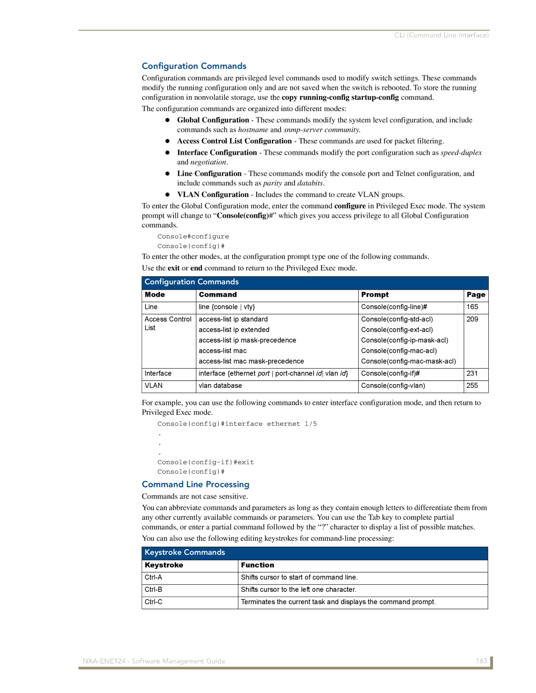 AMX NXA-ENET24 manual Configuration Commands, Command Line Processing, Keystroke Commands 