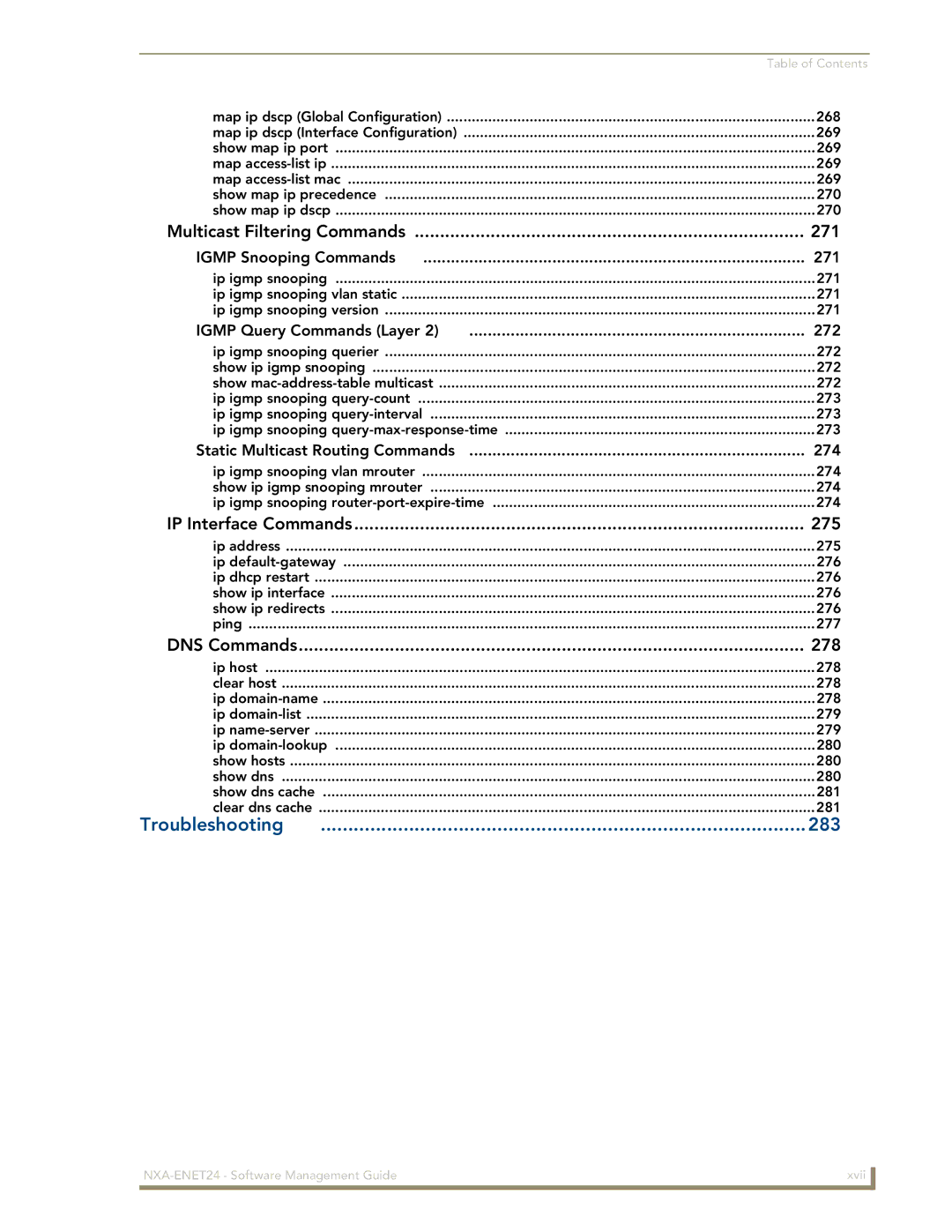 AMX NXA-ENET24 manual Multicast Filtering Commands 271, IP Interface Commands 275, DNS Commands 278 