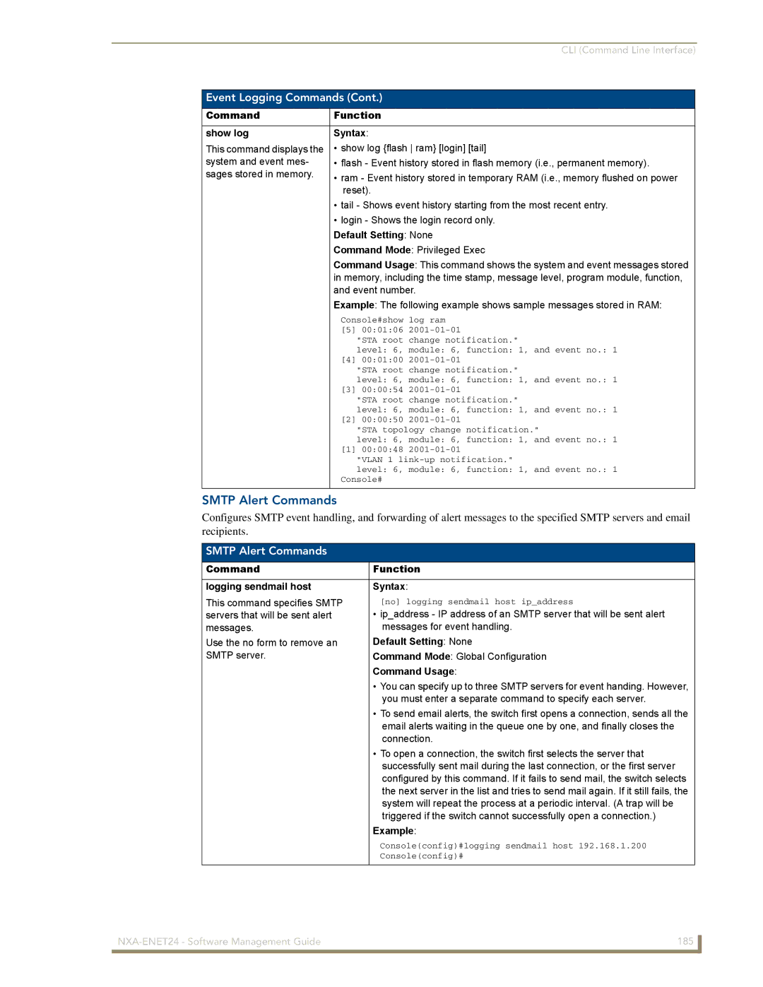 AMX NXA-ENET24 manual Smtp Alert Commands, Command Function Show log Syntax, Command Function Logging sendmail host Syntax 