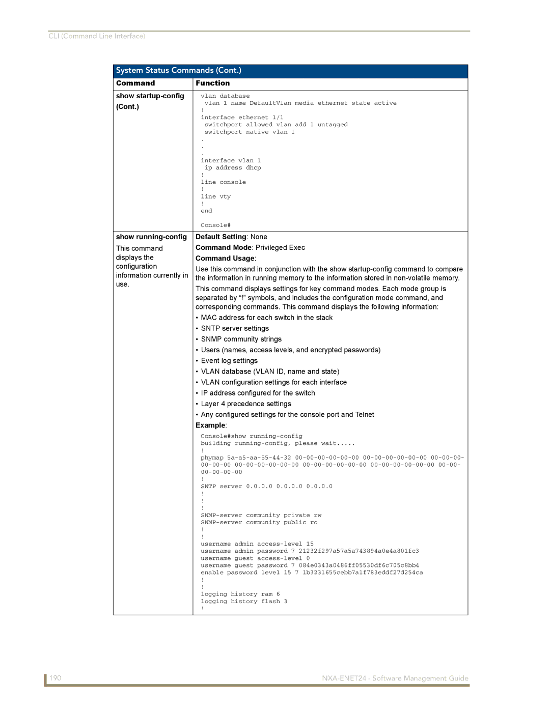 AMX NXA-ENET24 manual Command Function Show startup-config, Information currently 