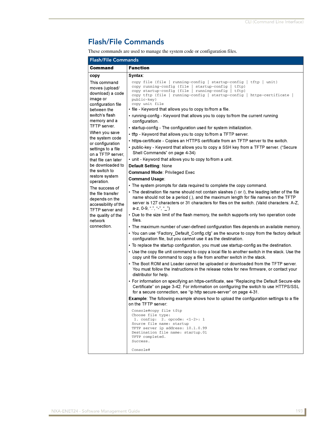 AMX NXA-ENET24 manual Flash/File Commands, Command Function Copy Syntax 