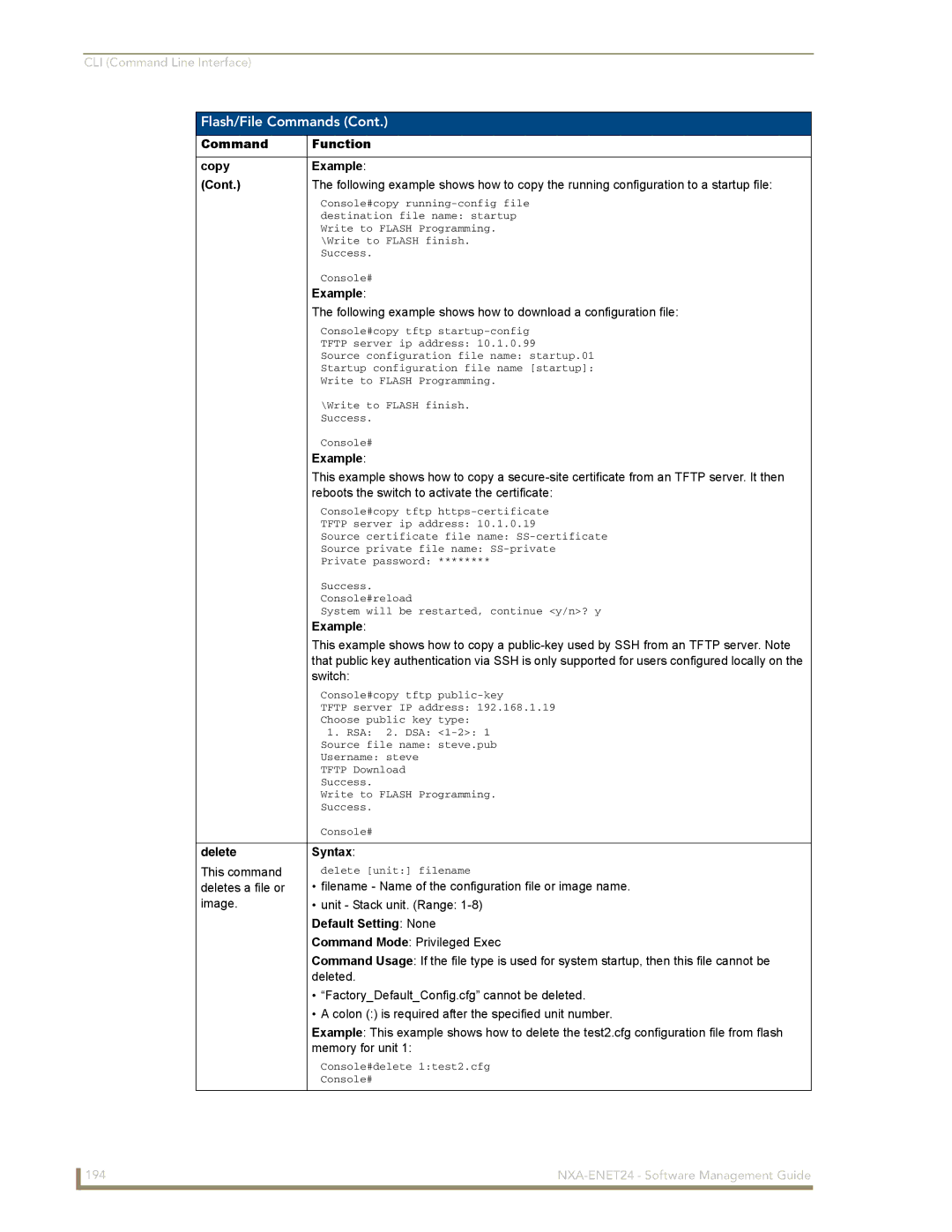 AMX NXA-ENET24 manual Command Function Copy Example Cont, Delete Syntax 