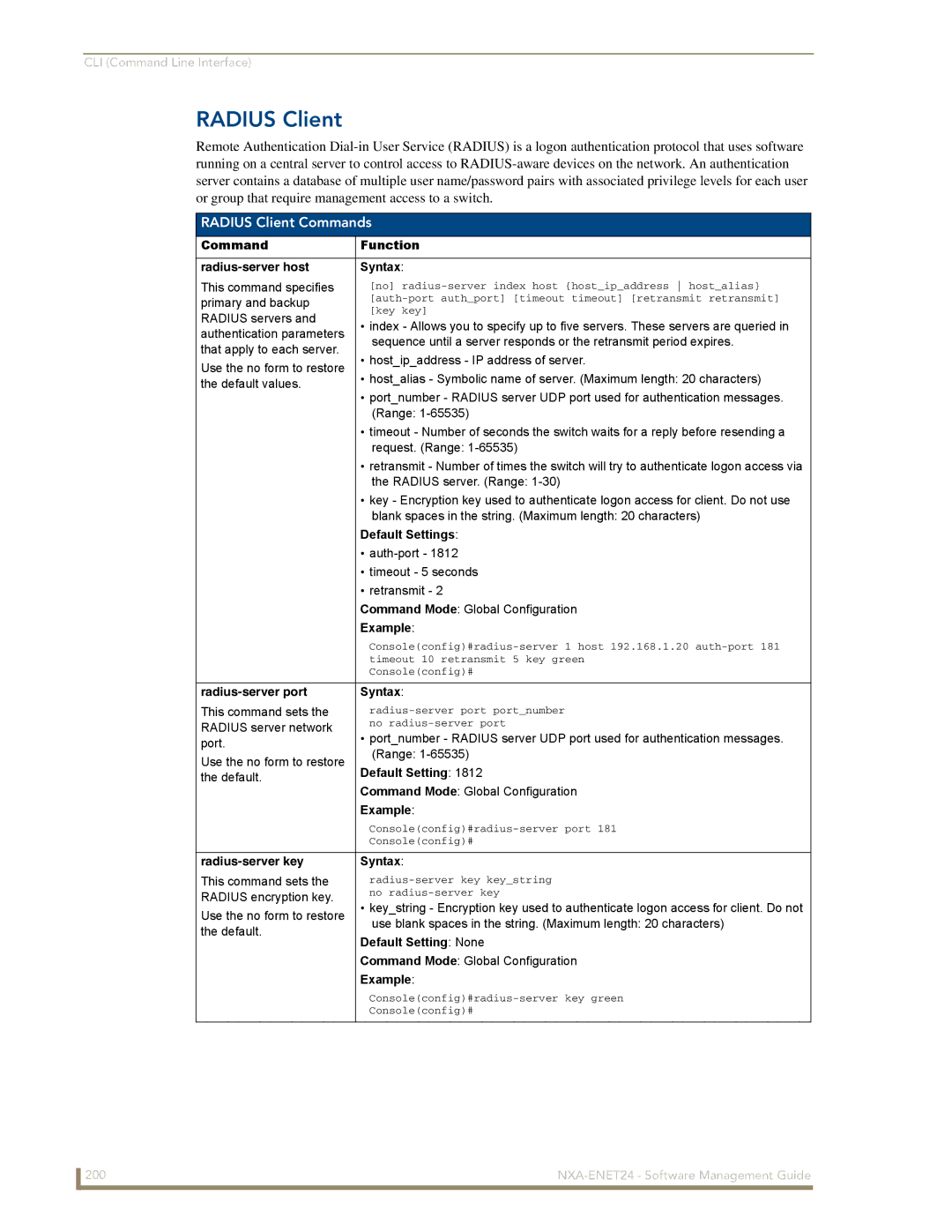 AMX NXA-ENET24 manual Radius Client Commands, Radius-server port Syntax, Radius-server key Syntax 